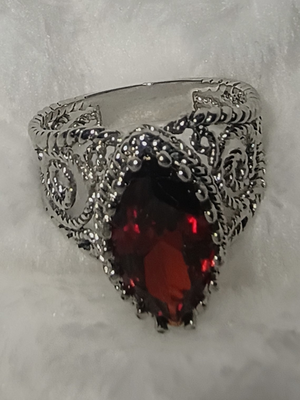 Estate Edwardian Style Silver Tone Red Marquis Ring Size 6